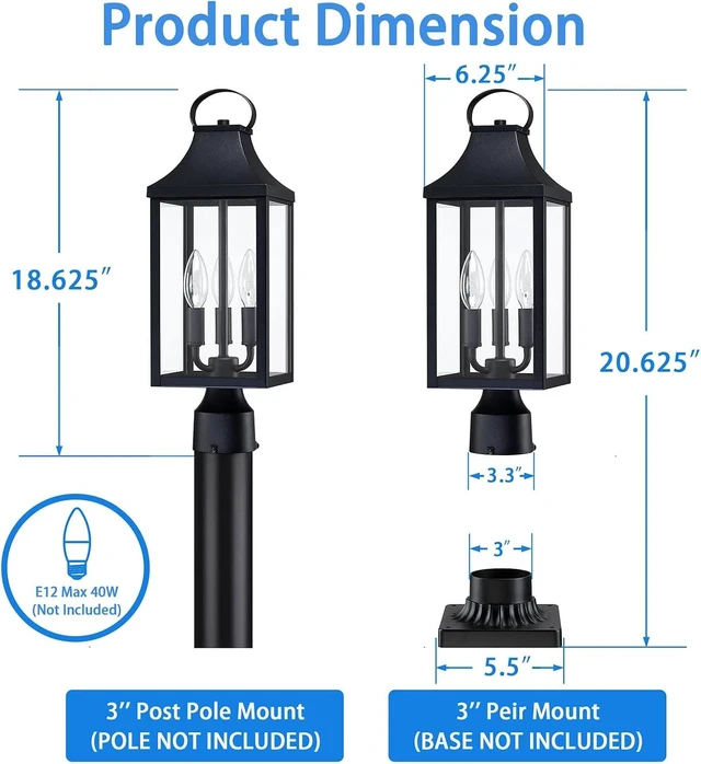 Alt view image 14 of 14 - 18.62 Post Light Outdoor, Large 3-Light Lamp Post Light Fixture, Modern Pillar Outside Lighting Waterproof Post Lantern Lamp Outdoor Post Light Fixtures Pole Lights for Porch, 1 Pack