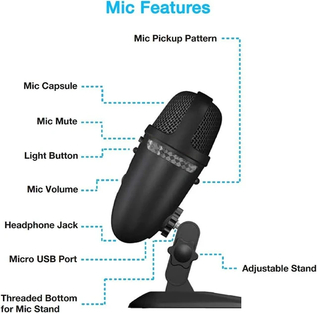 Alt view image 12 of 12 - Cyber Acoustics Premium USB Microphone with Dual Recording Patterns - 24-bit Recording Perfect for Podcasting and Vlogging - Compatible with PC and Mac (CVL-2009)