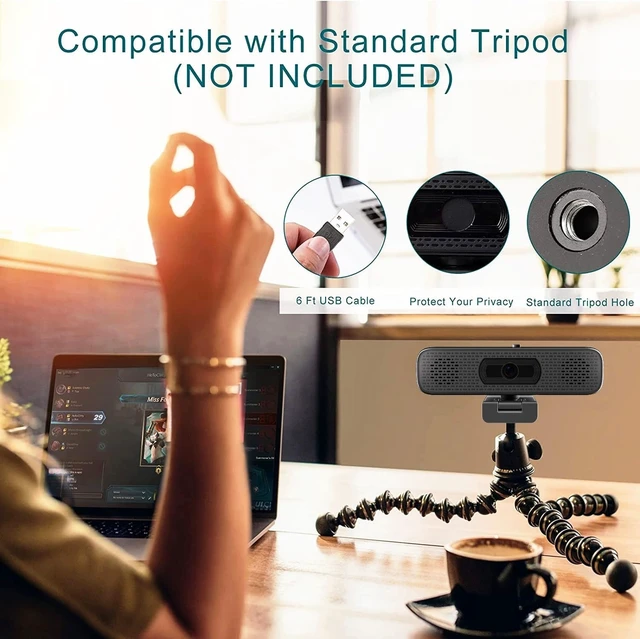 Alt view image 14 of 14 - 2K HD Webcam with Dual Speakers & Built-in Microphone, 90° Wide Angle USB Computer Camera with Privacy Cover for Video Conferencing, Online Teaching, YouTube, Skype & Zoom