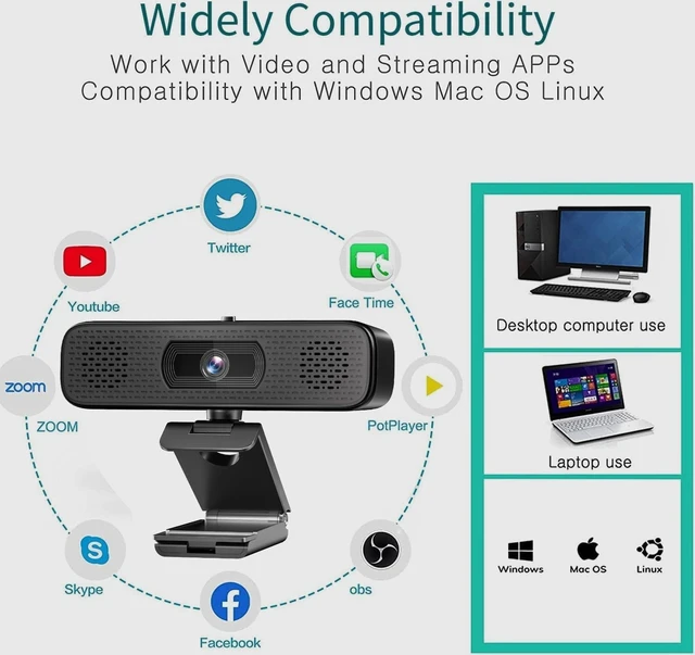 Alt view image 12 of 14 - 2K HD Webcam with Dual Speakers & Built-in Microphone, 90° Wide Angle USB Computer Camera with Privacy Cover for Video Conferencing, Online Teaching, YouTube, Skype & Zoom