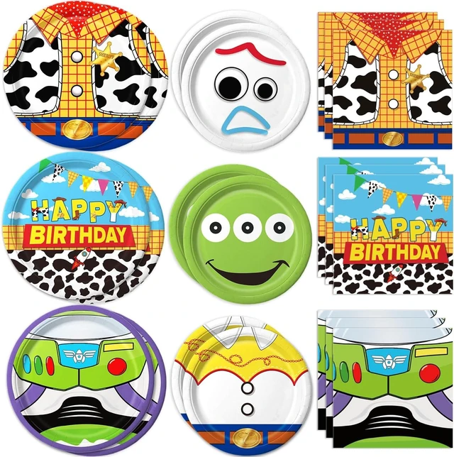 Alt view image 8 of 14 - 90Pcs Cartoon Birthday Party Supplies Cartoon Plates Napkins Tableware for Toy Theme Birthday Decor for 30 Guests