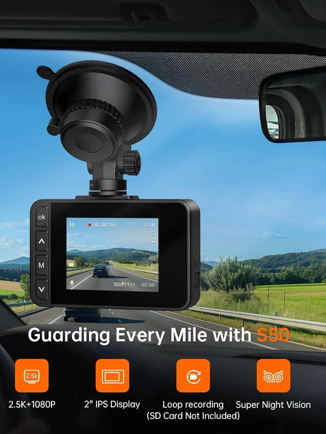 Alt view image 9 of 14 - Dash Cam Front and Rear, 2.5K+1080P Dual Camera for Cars, 2" IPS Screen | WDR Night Vision, 170° Lens, G-Sensor, Loop Recording, 256GB Max, 24H Parking, Hardwire Kit and SD Card Not Included