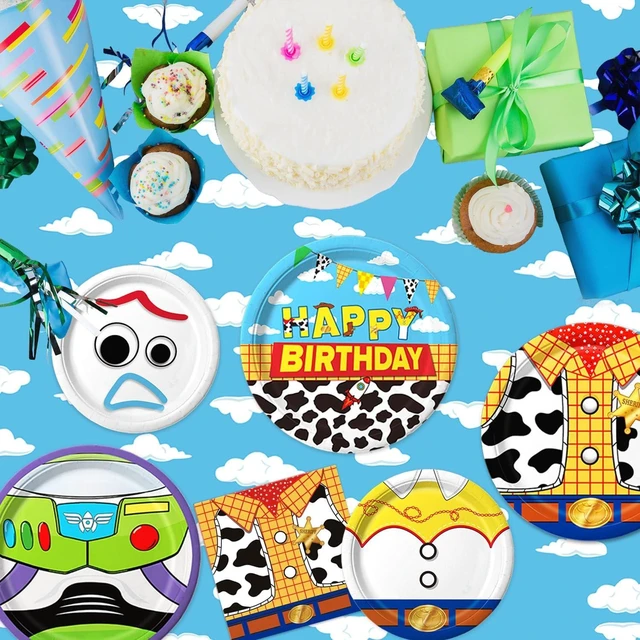 Alt view image 10 of 14 - 90Pcs Cartoon Birthday Party Supplies Cartoon Plates Napkins Tableware for Toy Theme Birthday Decor for 30 Guests