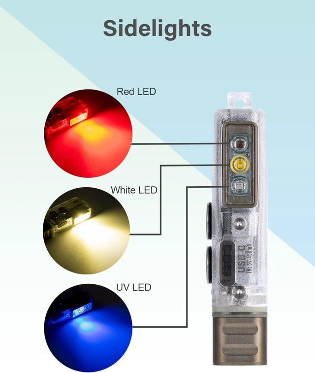 Alt view image 11 of 14 - RovyVon Angel Eyes E8 Keychain Flashlight 6500K, 700 Lumens, AAA Battery Compatible, USB C Rechargeable EDC Flashlight (365nm Blacklight/Red/White)