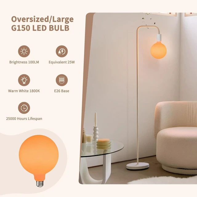 Alt view image 10 of 14 - ONEWISH Floor Lamp for Living Room - Minimalist Standing Lamp with Modern LED Bulb, White Frosted Globe Glass 6", 1800K Warm Ambiant Lighting Decorative Tall Lamp for Bedroom Dorm