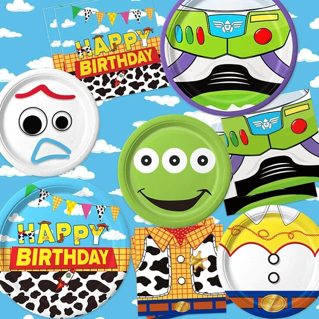 Alt view image 12 of 14 - 90Pcs Cartoon Birthday Party Supplies Cartoon Plates Napkins Tableware for Toy Theme Birthday Decor for 30 Guests