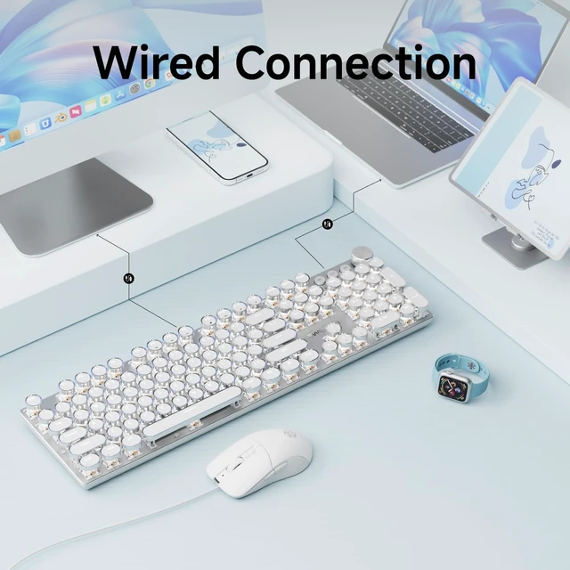 Alt view image 10 of 12 - EWEADN Wired Typewriter Keyboard and Mouse Combo, Typewriter Style Mechanical Gaming Keyboard,104 Keys Backlit LED Keyboards, Media Control Knob, Wired Keyboard White Switch for Windows/Mac/PC-White