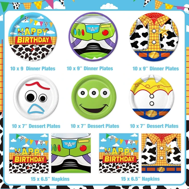 Alt view image 9 of 14 - 90Pcs Cartoon Birthday Party Supplies Cartoon Plates Napkins Tableware for Toy Theme Birthday Decor for 30 Guests