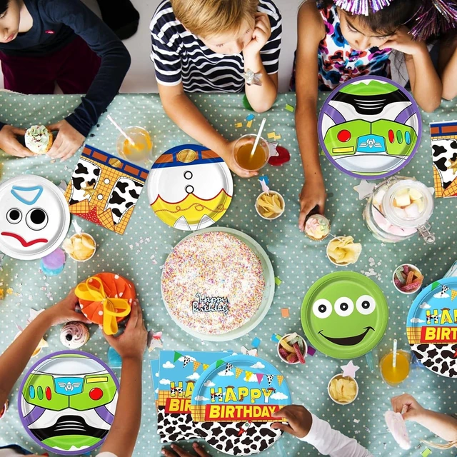Alt view image 14 of 14 - 90Pcs Cartoon Birthday Party Supplies Cartoon Plates Napkins Tableware for Toy Theme Birthday Decor for 30 Guests