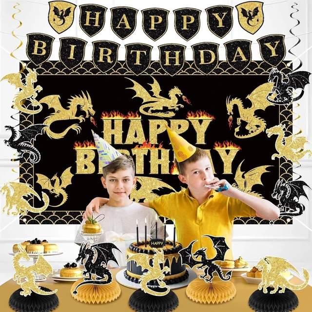 Alt view image 11 of 14 - Dragon Birthday Party Decoration Black Gold Dragon Knight Party Supplies with Birthday Banner Backdrop Honeycomb Topper Hanging Swirls Balloons for Kids Dinosaur Decor (Black)