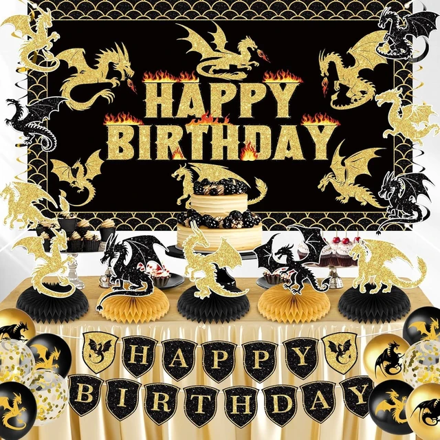 Alt view image 12 of 14 - Dragon Birthday Party Decoration Black Gold Dragon Knight Party Supplies with Birthday Banner Backdrop Honeycomb Topper Hanging Swirls Balloons for Kids Dinosaur Decor (Black)