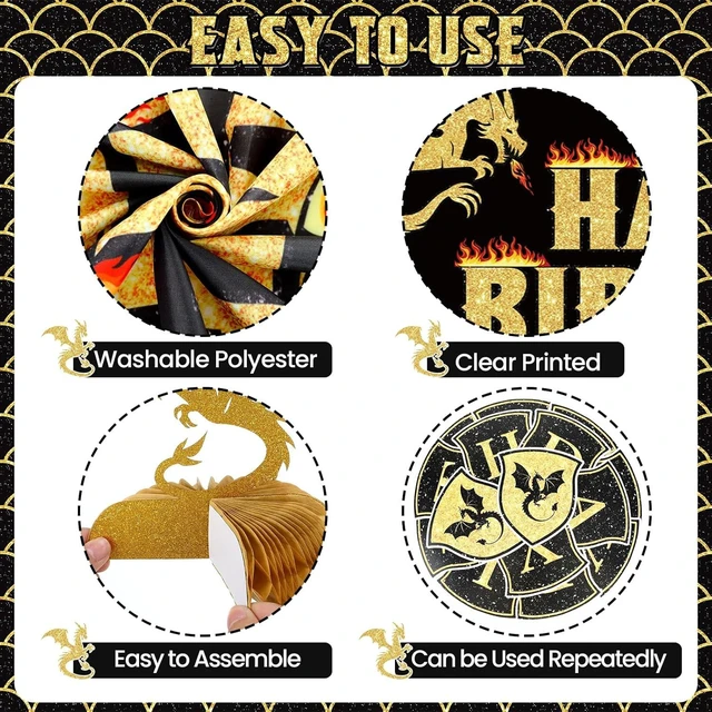 Alt view image 14 of 14 - Dragon Birthday Party Decoration Black Gold Dragon Knight Party Supplies with Birthday Banner Backdrop Honeycomb Topper Hanging Swirls Balloons for Kids Dinosaur Decor (Black)