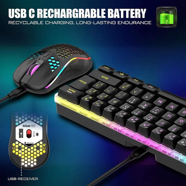 Alt view image 11 of 14 - RedThunder 60% Wireless Gaming Keyboard & Mouse Combo with Rechargeable Battery, Ultra-Compact Small RGB Mechanical Feel Keyboard, Ergonomic Lightweight Honeycomb Optical Mouse for Gaming/Business