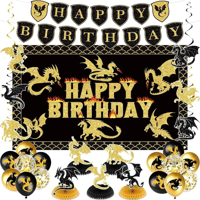 Alt view image 8 of 14 - Dragon Birthday Party Decoration Black Gold Dragon Knight Party Supplies with Birthday Banner Backdrop Honeycomb Topper Hanging Swirls Balloons for Kids Dinosaur Decor (Black)