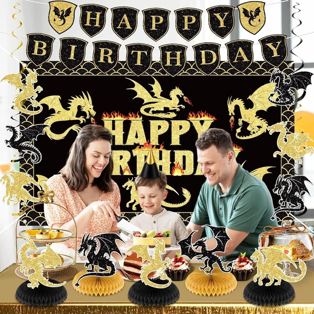 Alt view image 10 of 14 - Dragon Birthday Party Decoration Black Gold Dragon Knight Party Supplies with Birthday Banner Backdrop Honeycomb Topper Hanging Swirls Balloons for Kids Dinosaur Decor (Black)