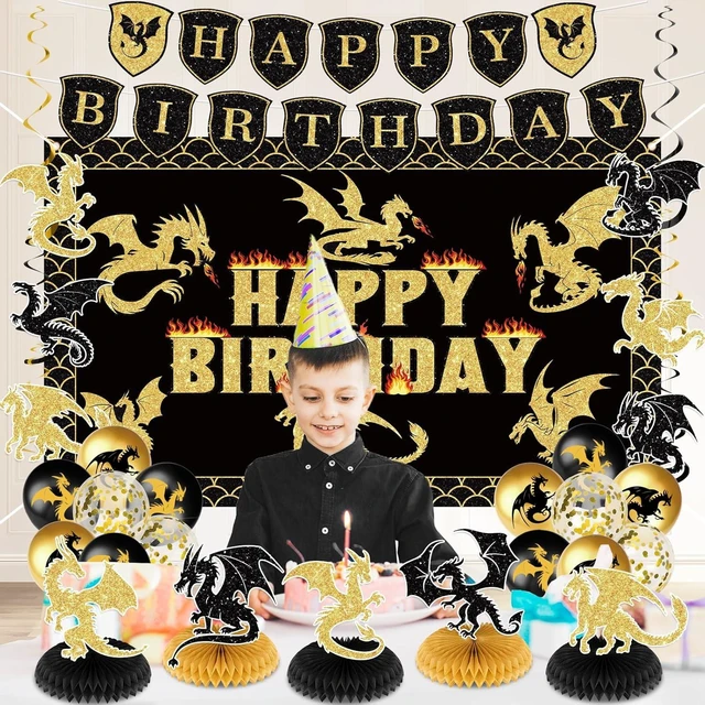 Alt view image 9 of 14 - Dragon Birthday Party Decoration Black Gold Dragon Knight Party Supplies with Birthday Banner Backdrop Honeycomb Topper Hanging Swirls Balloons for Kids Dinosaur Decor (Black)