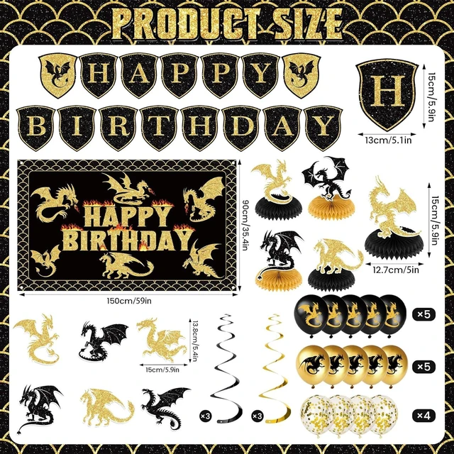 Alt view image 13 of 14 - Dragon Birthday Party Decoration Black Gold Dragon Knight Party Supplies with Birthday Banner Backdrop Honeycomb Topper Hanging Swirls Balloons for Kids Dinosaur Decor (Black)