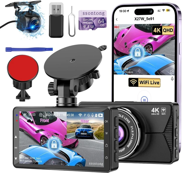 Alt view image 8 of 14 - Dash Cam Front and Rear, 4K WiFi App Control with 64GB Card USB Powered | Loop Recording, G-Sensor, Time-Lapse, Parking Mode, DVR Car Security Camera, Night Vision Dashcam, Supports Up to 256GB Card