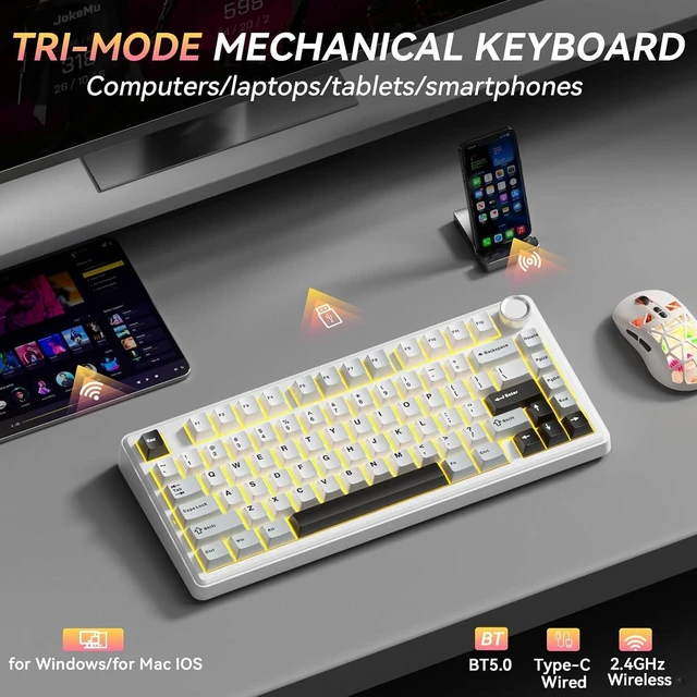 Alt view image 10 of 14 - SOLAKAKA A75 75% Wireless Mechanical Keyboard, Hot Swappable Gaming Keyboard with Multifunction Knob & RGB, Gasket Mounted Creamy Keyboard, PBT Keycaps, Compact Layout for Win/Mac/PC