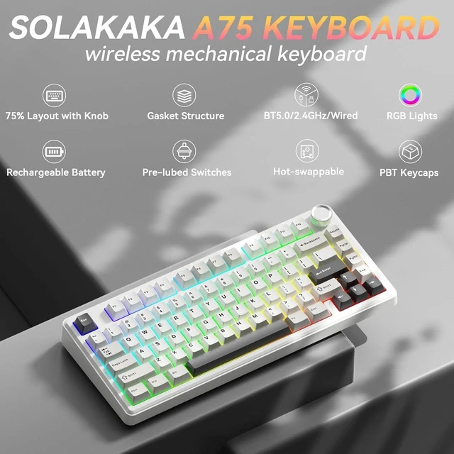 Alt view image 9 of 14 - SOLAKAKA A75 75% Wireless Mechanical Keyboard, Hot Swappable Gaming Keyboard with Multifunction Knob & RGB, Gasket Mounted Creamy Keyboard, PBT Keycaps, Compact Layout for Win/Mac/PC