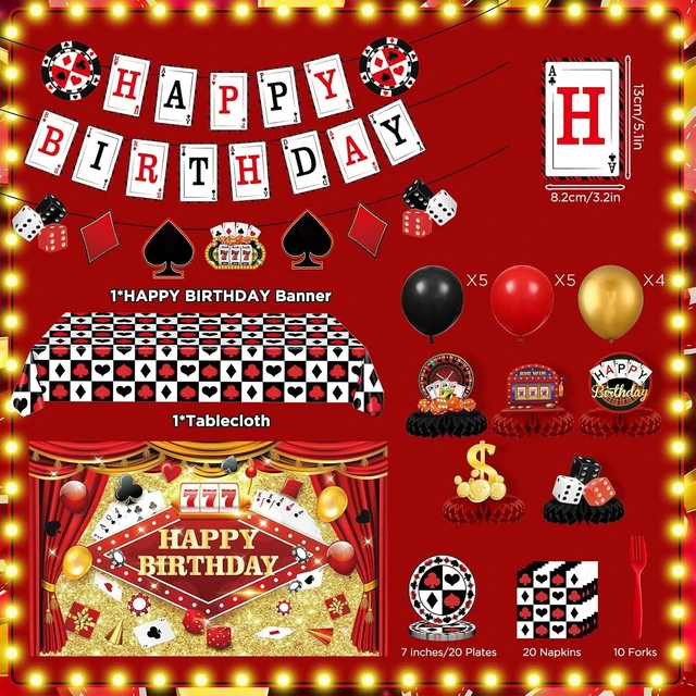 Alt view image 9 of 14 - Casino Theme Party Decorations, Casino Birthday Party Supplies Las Vegas Party Decorations Poker Happy Birthday Banner Backdrop Balloon Poker Theme Tablecloth Plate Casino Table Honeycomb Centerpieces