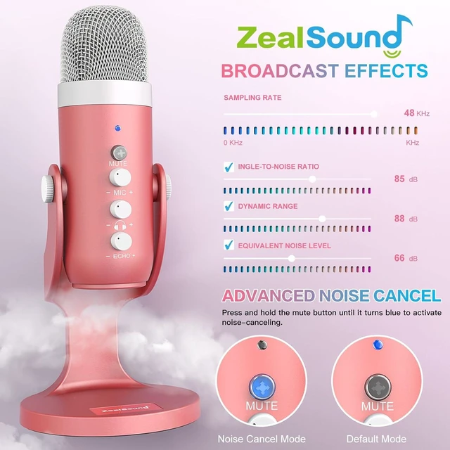 Alt view image 10 of 14 - ZealSound Podcast Microphone for iPhone PC & Mac, Noise Cancellation USB Mic with Volume, Mute & Echo Control, Zero-Latency Monitoring, for ASMR, Podcasting, Vocal Recording & Voice-Over - K66 Pink