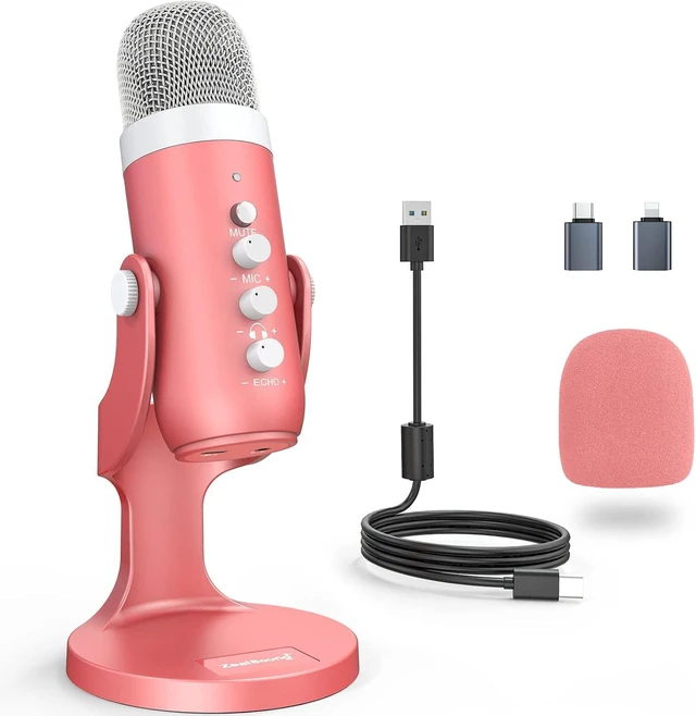 Alt view image 8 of 14 - ZealSound Podcast Microphone for iPhone PC & Mac, Noise Cancellation USB Mic with Volume, Mute & Echo Control, Zero-Latency Monitoring, for ASMR, Podcasting, Vocal Recording & Voice-Over - K66 Pink