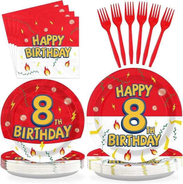 Alt view image 8 of 14 - Grencian 96Pcs Happy 8th Birthday Party Supplies Cartoon Anime Themed Paper Plates and Napkins Tableware Sets Disposable Red and White Decoration for 8 Year Old Birthday Kids Children Party Serves 24