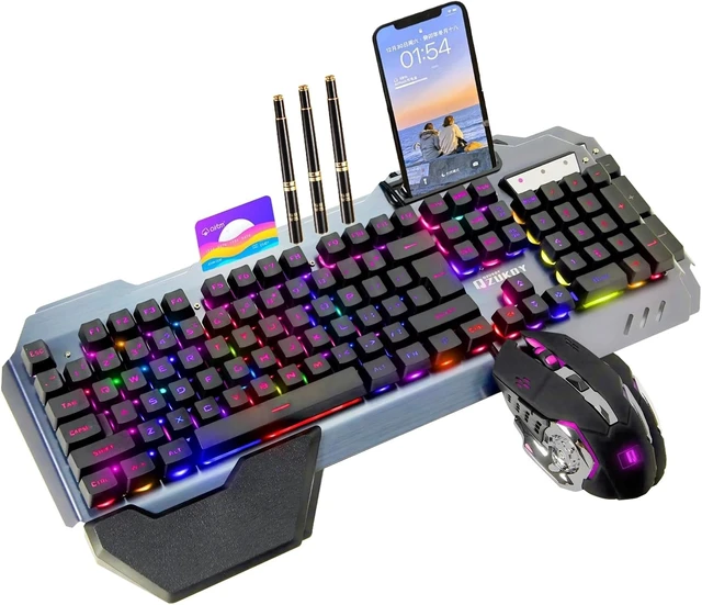 Alt view image 7 of 12 - RGB Backlit Gaming Keyboard and Mouse Set 16 Lighting Modes, 2400DPI 4-Button Optical Mouse, Mouse Pad & Phone Holder Ergonomic Wrist Support Black