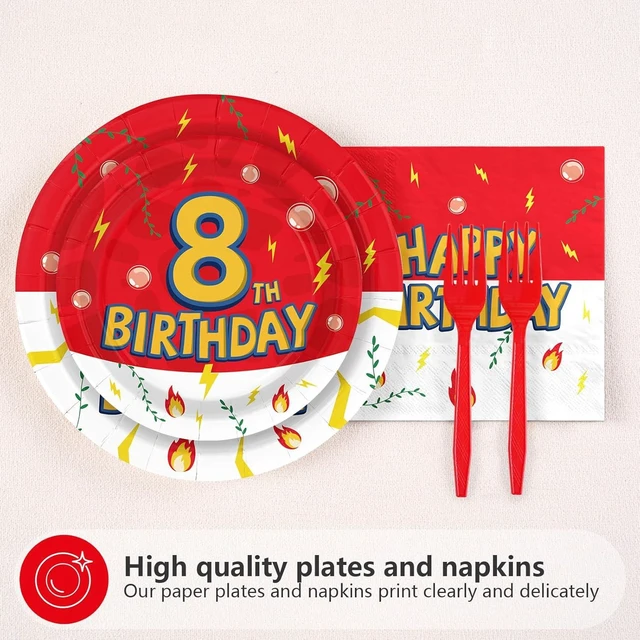 Alt view image 9 of 14 - Grencian 96Pcs Happy 8th Birthday Party Supplies Cartoon Anime Themed Paper Plates and Napkins Tableware Sets Disposable Red and White Decoration for 8 Year Old Birthday Kids Children Party Serves 24