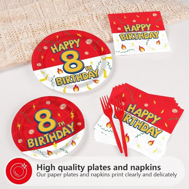 Alt view image 10 of 14 - Grencian 96Pcs Happy 8th Birthday Party Supplies Cartoon Anime Themed Paper Plates and Napkins Tableware Sets Disposable Red and White Decoration for 8 Year Old Birthday Kids Children Party Serves 24