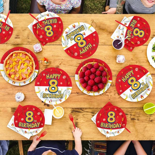 Alt view image 14 of 14 - Grencian 96Pcs Happy 8th Birthday Party Supplies Cartoon Anime Themed Paper Plates and Napkins Tableware Sets Disposable Red and White Decoration for 8 Year Old Birthday Kids Children Party Serves 24