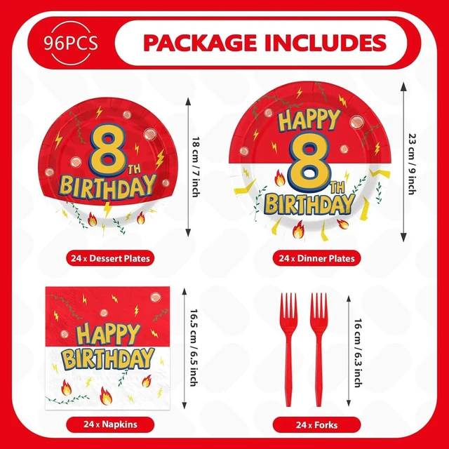 Alt view image 12 of 14 - Grencian 96Pcs Happy 8th Birthday Party Supplies Cartoon Anime Themed Paper Plates and Napkins Tableware Sets Disposable Red and White Decoration for 8 Year Old Birthday Kids Children Party Serves 24