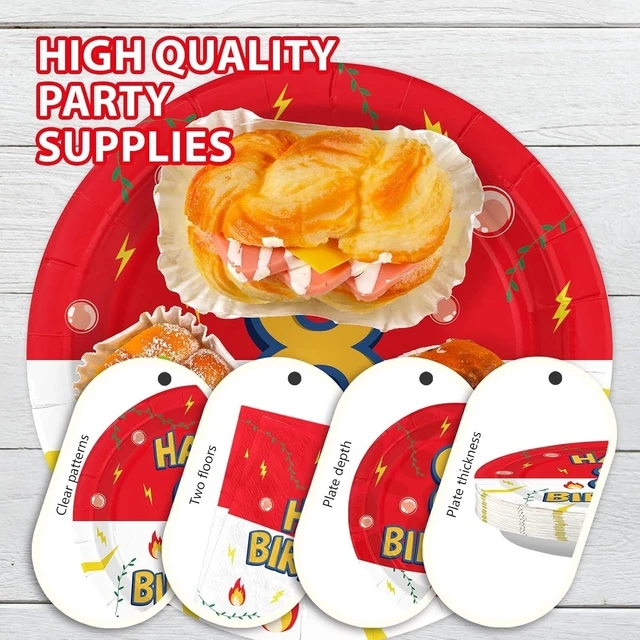 Alt view image 13 of 14 - Grencian 96Pcs Happy 8th Birthday Party Supplies Cartoon Anime Themed Paper Plates and Napkins Tableware Sets Disposable Red and White Decoration for 8 Year Old Birthday Kids Children Party Serves 24