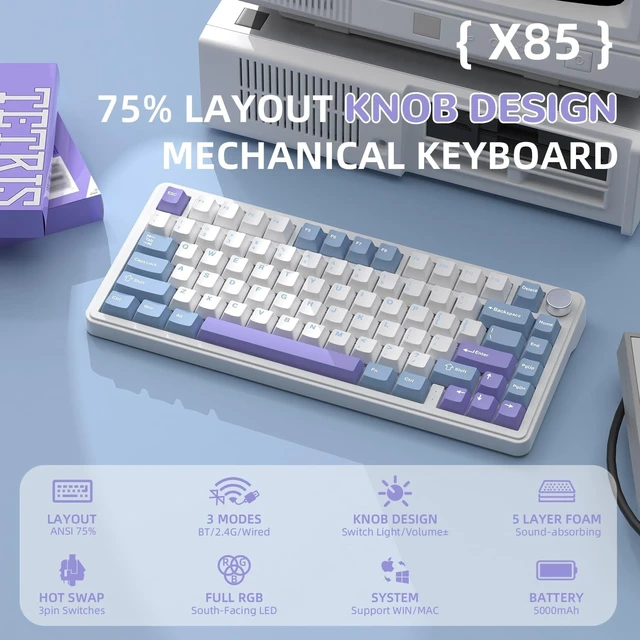 Alt view image 9 of 14 - X85 Wireless Mechanical Keyboard, TKL 82 Keys Bluetooth 5.0/2.4GHz/USB-C Hot Swappable Custon Keyboard, Knob Control, Gasket Structure, RGB Backlit Gaming Keyboard for PC/Mac/PS4/Xbox (Purple)