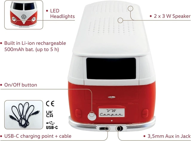 Alt view image 9 of 13 - BRISA VW Collection - Volkswagen Portable Bluetooth Speaker Wireless Box with Rechargable Battery T1 Bus Campervan (Scale: 1:20/Classic Bus) (Red)