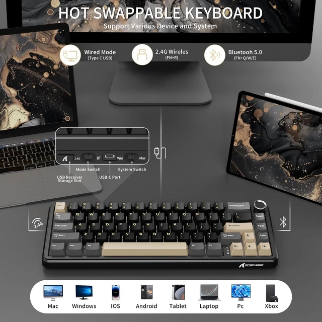 Alt view image 10 of 14 - ATTACK SHARK X66 Wireless Mechanical Gaming Keyboard with Knob,Tri Mode USB-C/BT5.0/2.4G Gasket Mounted 60% RGB Gaming Keyboard 66Keys,PBT Keycap, Hot Swappable Custom Strawberry Switch(Star Black)