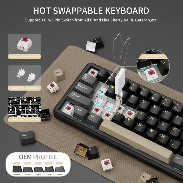 Alt view image 12 of 14 - ATTACK SHARK X66 Wireless Mechanical Gaming Keyboard with Knob,Tri Mode USB-C/BT5.0/2.4G Gasket Mounted 60% RGB Gaming Keyboard 66Keys,PBT Keycap, Hot Swappable Custom Strawberry Switch(Star Black)