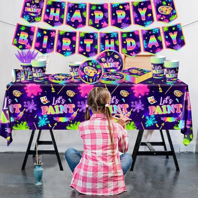 Alt view image 9 of 12 - Art Painting Party Supplies,142pcs Paint Splatter Party Tableware Neon Glow Decorations Set Art Party Dessert Plates Paint Splatter Napkins Lets Paint Tablecloth for Kids Sip and Paint Party Supplies