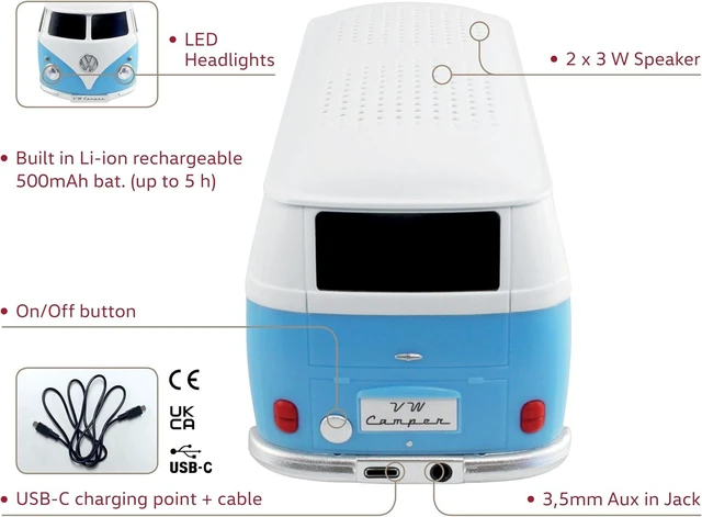 Alt view image 9 of 14 - BRISA VW Collection - Volkswagen Portable Bluetooth Speaker Wireless Box with Rechargable Battery T1 Bus Campervan (Scale: 1:20/Classic Bus) (Blue)