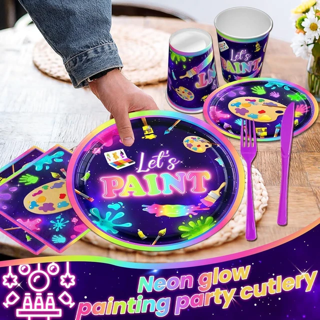 Alt view image 12 of 12 - Art Painting Party Supplies,142pcs Paint Splatter Party Tableware Neon Glow Decorations Set Art Party Dessert Plates Paint Splatter Napkins Lets Paint Tablecloth for Kids Sip and Paint Party Supplies