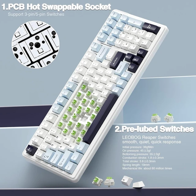 Alt view image 12 of 14 - AULA F99 Wireless Mechanical Keyboard, Hot Swappable Custom Keyboard,Pre-lubed Linear Switches,Gasket Structure,RGB Backlit Gaming Keyboard (Blue&White)