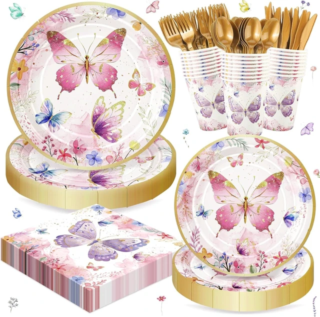 Alt view image 8 of 14 - 168PCS Butterfly Party Decorations, Butterfly Disposable Tableware Set with Paper Plates Napkins Cups Cutlery for 24 Guests, Flower Butterflies Party Supplies for Birthday Baby Shower Bridal Tea Party