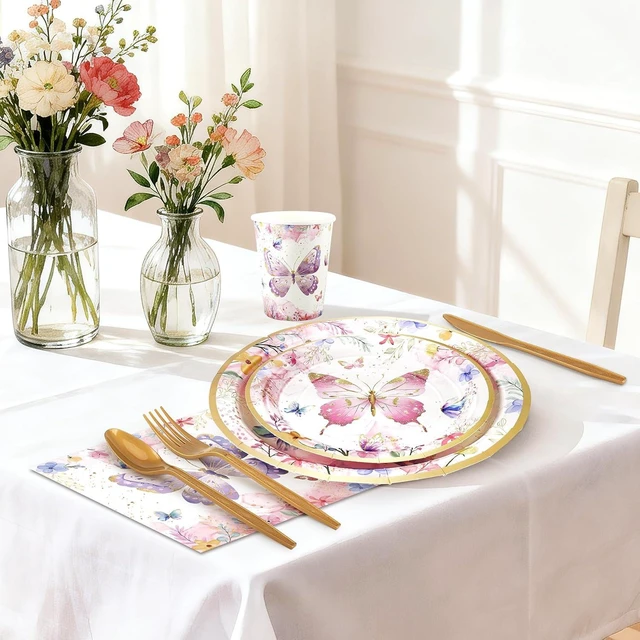 Alt view image 11 of 14 - 168PCS Butterfly Party Decorations, Butterfly Disposable Tableware Set with Paper Plates Napkins Cups Cutlery for 24 Guests, Flower Butterflies Party Supplies for Birthday Baby Shower Bridal Tea Party