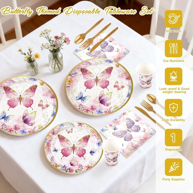 Alt view image 10 of 14 - 168PCS Butterfly Party Decorations, Butterfly Disposable Tableware Set with Paper Plates Napkins Cups Cutlery for 24 Guests, Flower Butterflies Party Supplies for Birthday Baby Shower Bridal Tea Party