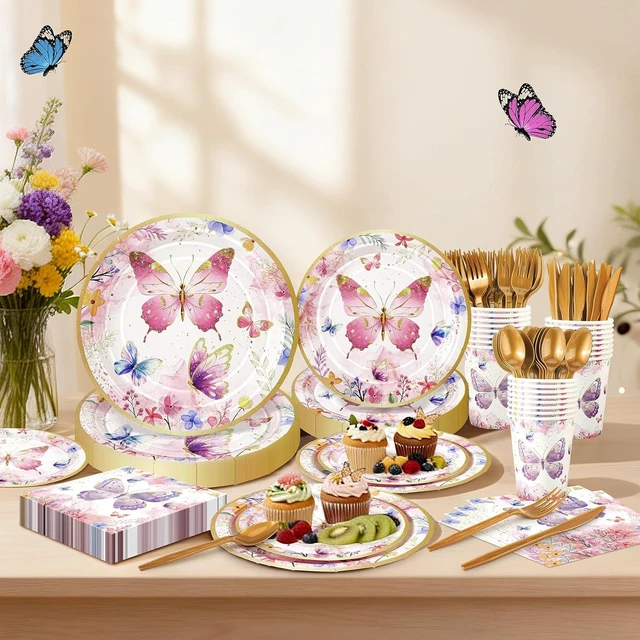 Alt view image 12 of 14 - 168PCS Butterfly Party Decorations, Butterfly Disposable Tableware Set with Paper Plates Napkins Cups Cutlery for 24 Guests, Flower Butterflies Party Supplies for Birthday Baby Shower Bridal Tea Party