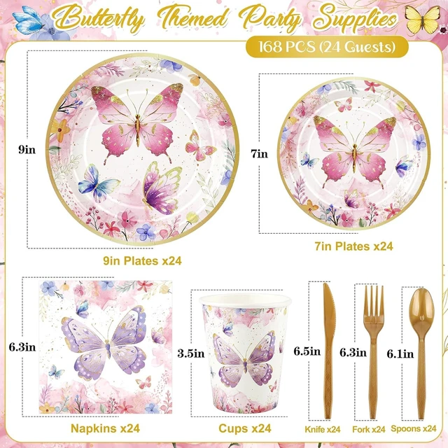 Alt view image 9 of 14 - 168PCS Butterfly Party Decorations, Butterfly Disposable Tableware Set with Paper Plates Napkins Cups Cutlery for 24 Guests, Flower Butterflies Party Supplies for Birthday Baby Shower Bridal Tea Party