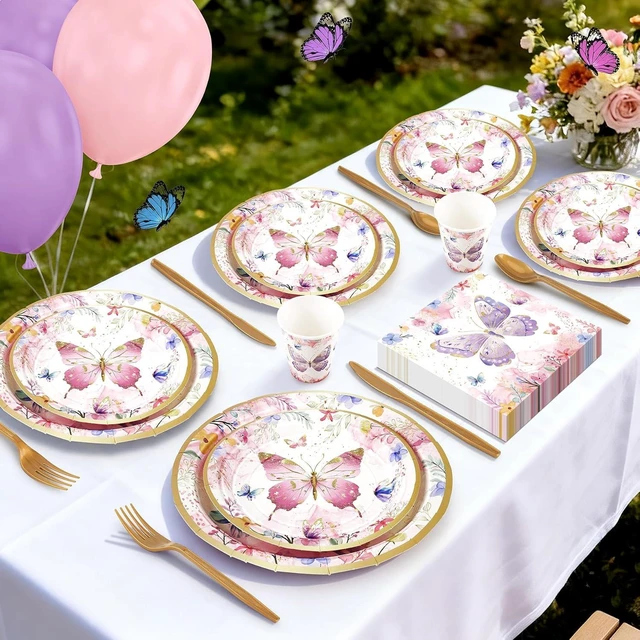 Alt view image 13 of 14 - 168PCS Butterfly Party Decorations, Butterfly Disposable Tableware Set with Paper Plates Napkins Cups Cutlery for 24 Guests, Flower Butterflies Party Supplies for Birthday Baby Shower Bridal Tea Party