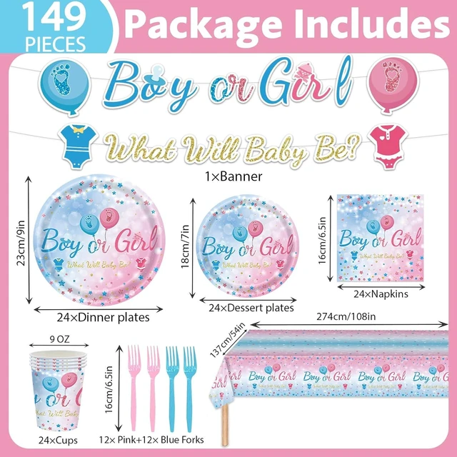 Alt view image 8 of 12 - 149 PCS Gender Reveal Birthday Party Supplies Decorations Tableware Set Baby Gender Reveal Party Plates Napkins Forks for Baby Shower Serves 24