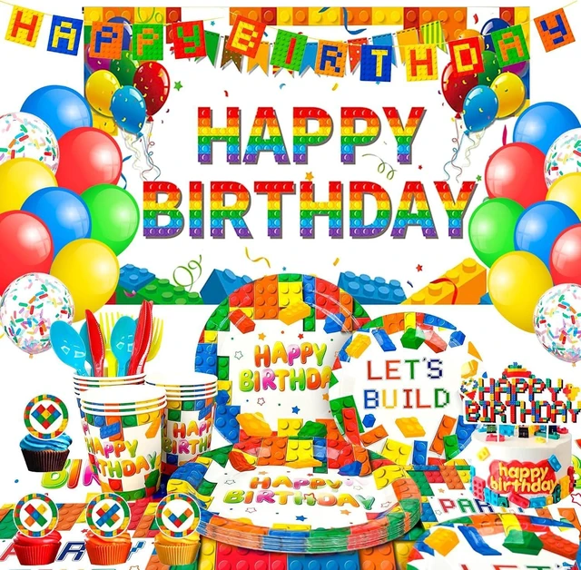Alt view image 7 of 12 - Building Blocks Birthday Party Supplies, 10 Guests Building Blocks Tableware Set Building Blocks Party Plates Napkins Backdrop Balloons etc Building Block Party Decorations